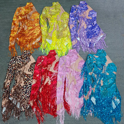 Sparkly Rhinestone Sequin One-Shoulder Bodysuit - Fringe Stage Party & Dance Performance Outfit
