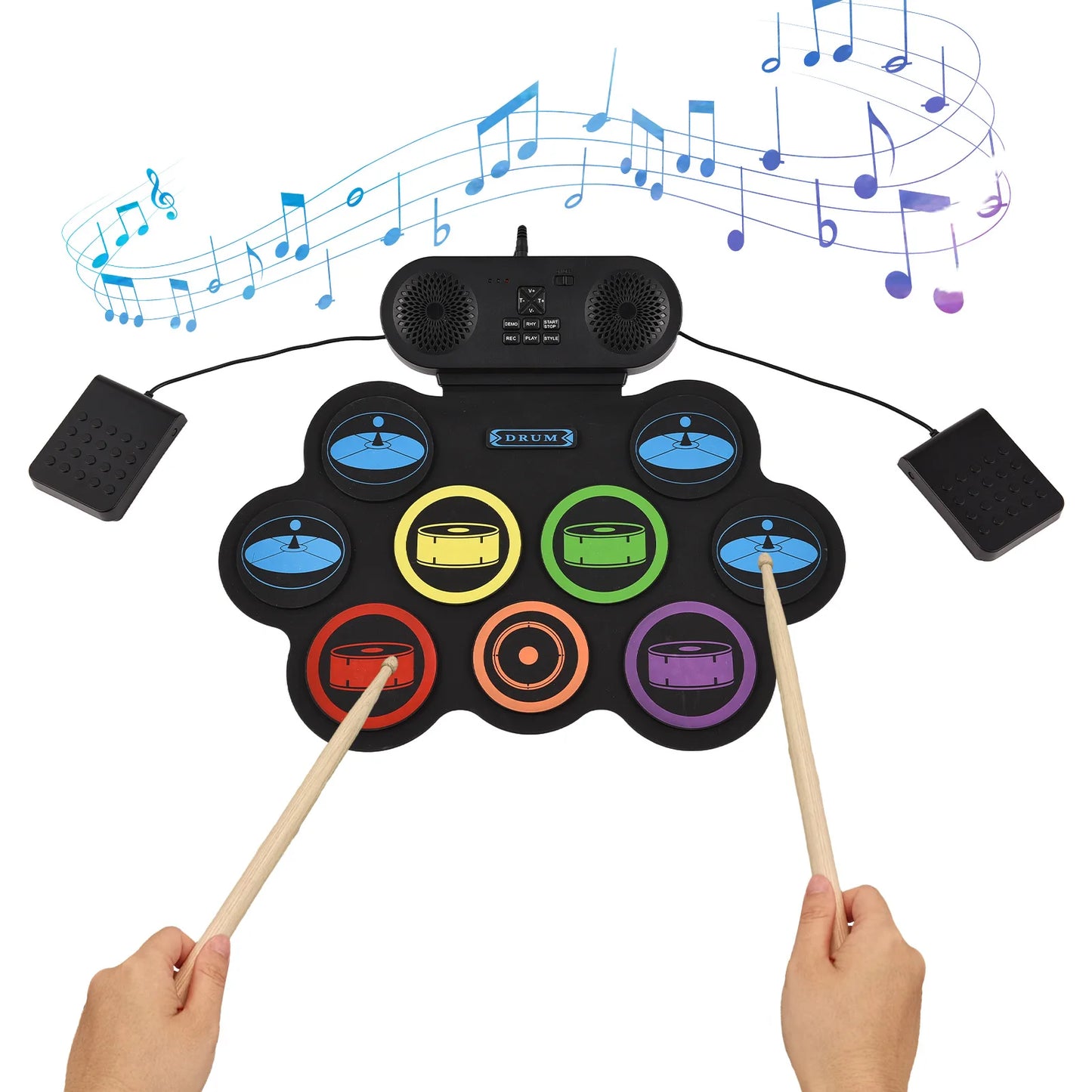 9 Pad Electronic Roll Drum Set - Portable DTX Gaming Drum Kit with Bluetooth Dual Speakers, 7 Styles, 6 Rhythms & Demo Songs