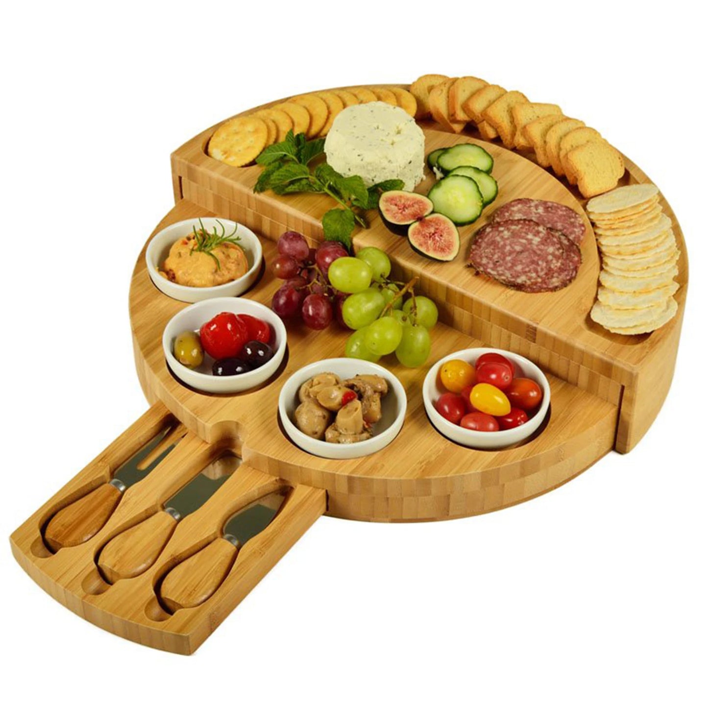 Cheese Board Set with Slide-Out Drawer – Cutlery Cutter, Slicer, Fork, Scoops & Kitchen Storage Tools
