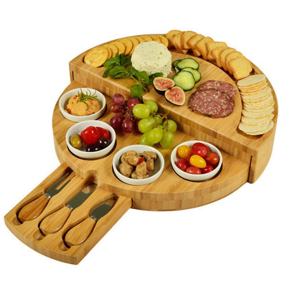 Cheese Board Set with Slide-Out Drawer – Cutlery Cutter, Slicer, Fork, Scoops & Kitchen Storage Tools