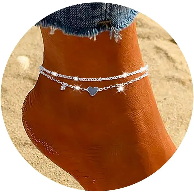 925 Silver Plated CZ Anklet Bracelet – Waterproof Heart Charm Dainty Layered Chain Anklet for Women & Girls Jewelry Gift