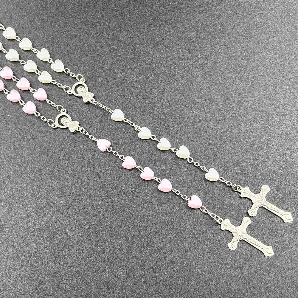 White Heart Rosary Necklace – Virgin Mary Cross INRI Pendant Long Chain Religious Prayer Jewelry for Men & Women Accessories