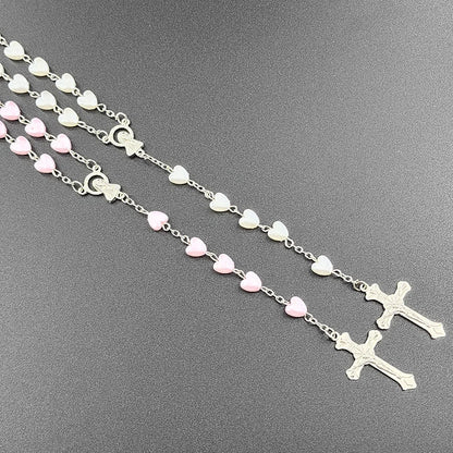 White Heart Rosary Necklace – Virgin Mary Cross INRI Pendant Long Chain Religious Prayer Jewelry for Men & Women Accessories