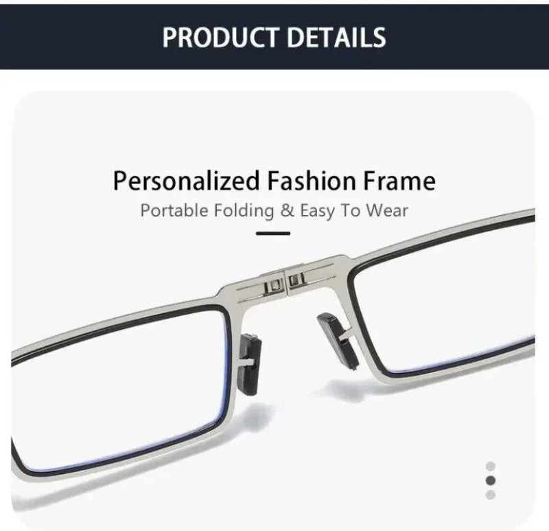 Unisex Folding Reading Glasses – Full Metal Frame, Transparent Lenses, Anti-Blue Light with Case