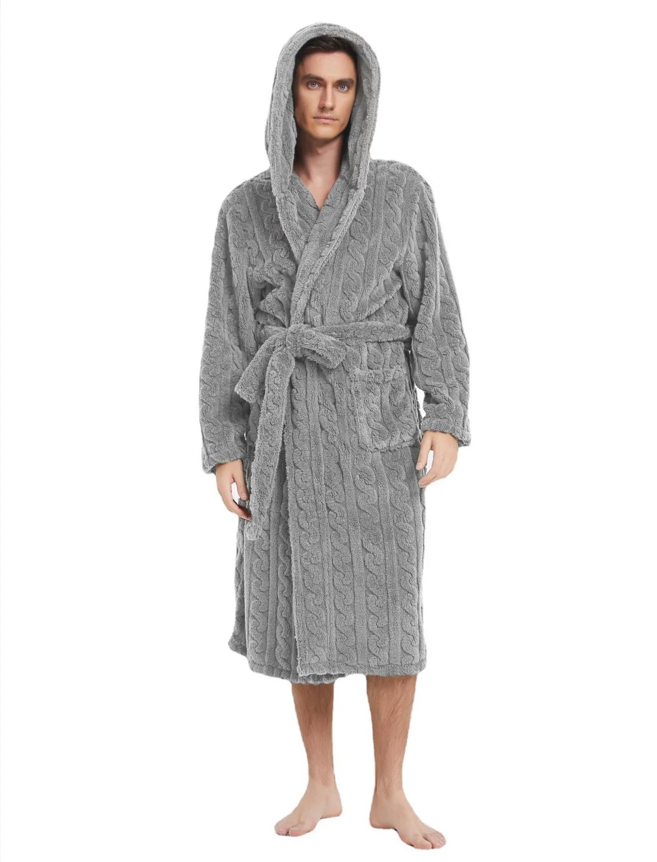 Men’s Fall & Winter Warm Hooded Robe – Thickened Cotton Velvet Jacquard Homewear for Couples