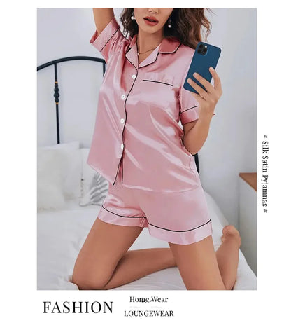 Women's Satin Pajamas Set – Summer Two-Piece Sleepwear with Button-Down Top and Shorts, Comfortable Nightwear Loungewear