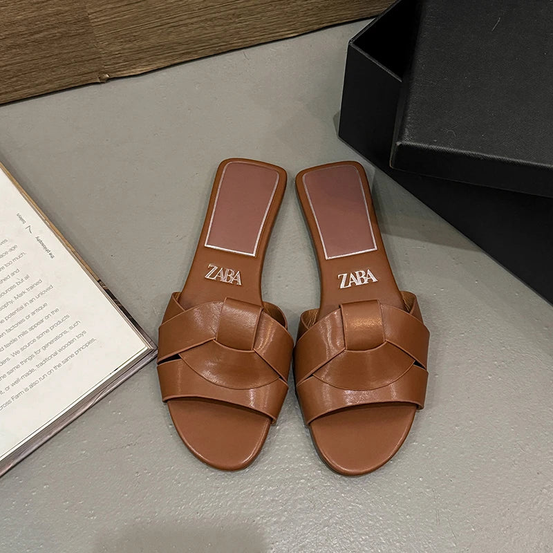 2025 Summer Women's Designer Open Toe Woven Flat Slippers – Comfortable Casual Shoes