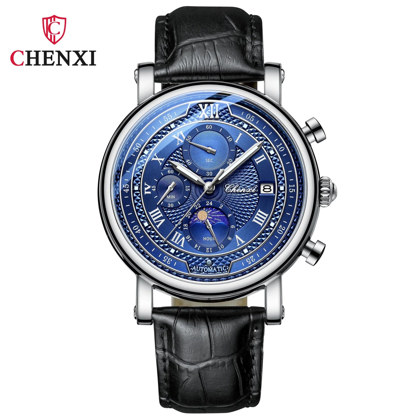 Chenxi 976 Men’s Leather Chronograph Watch – Phase of the Moon, Luminous Quartz Date Timepiece, Business Reloj para Hombres