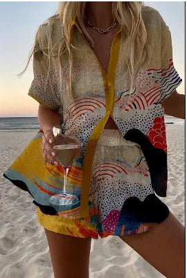 Women’s Summer 2-Piece Set – Lapel Short-Sleeve Shirt & Shorts, Elegant Loose Printed Outfit