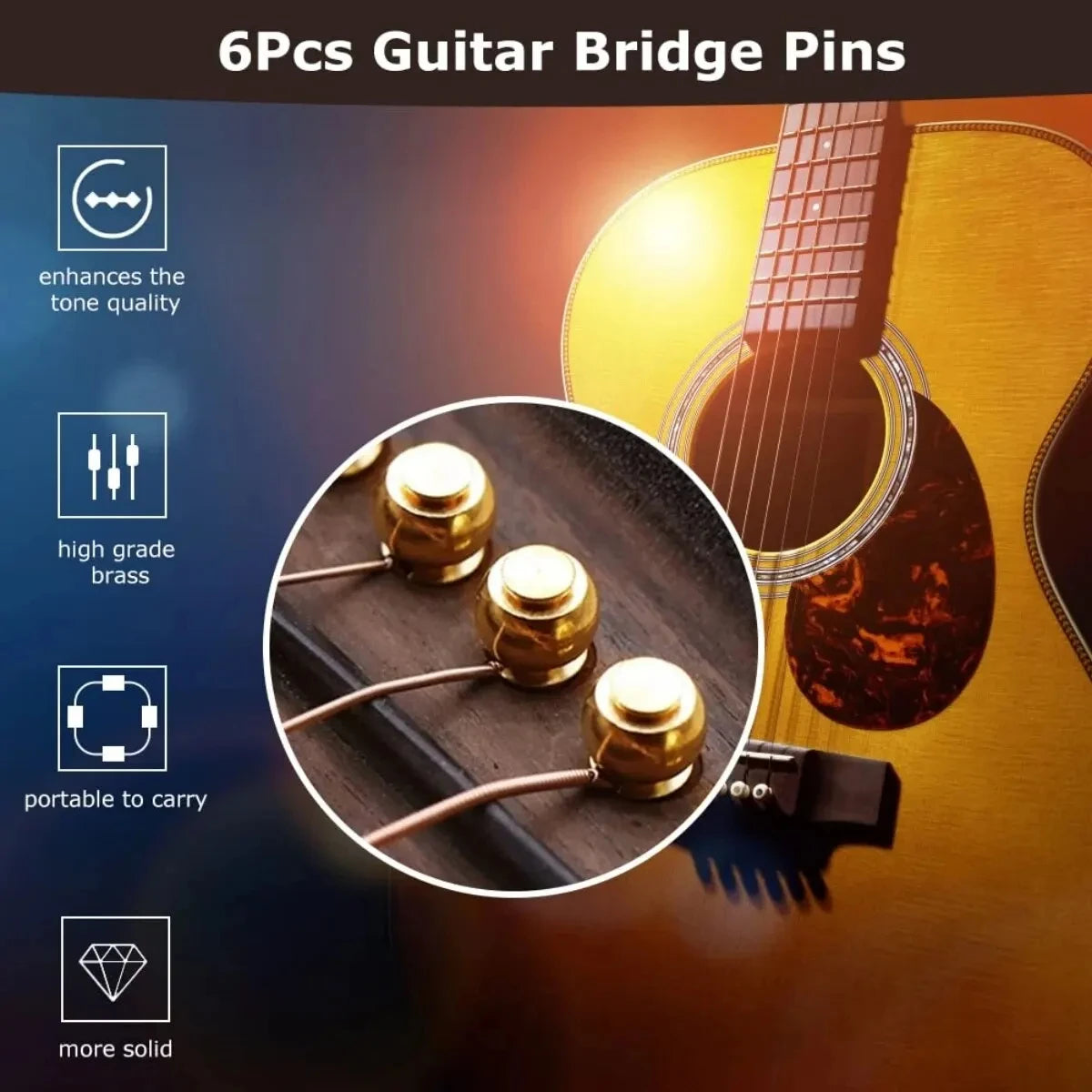 6 Pcs Brass Guitar Bridge Pins – String Pegs with Bridge Pin Puller, Guitar Parts Replacement