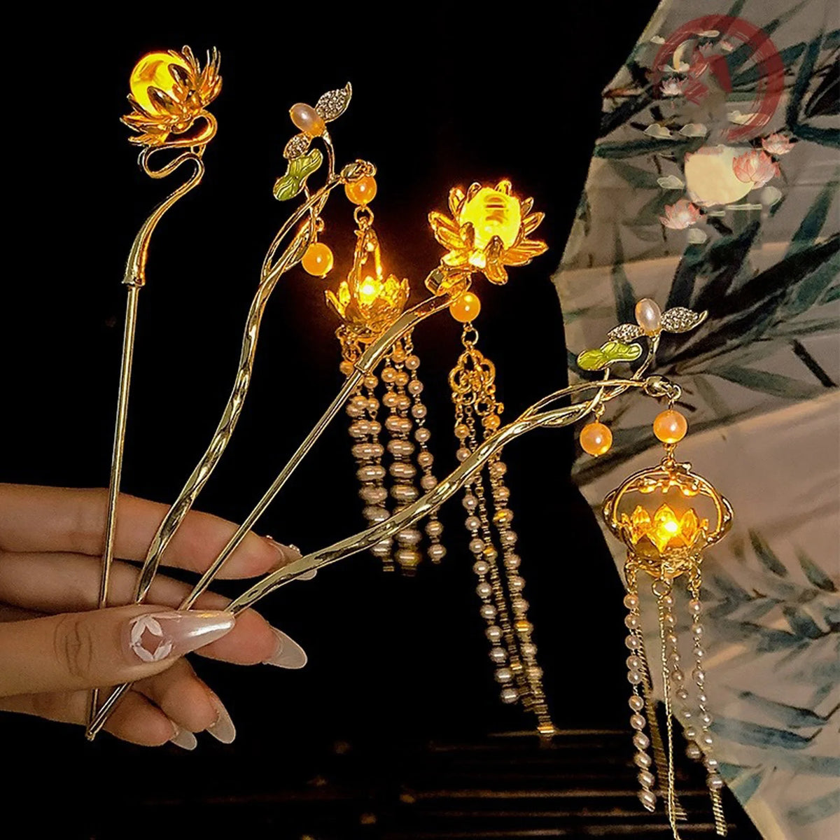 Luminous Lotus Flower Hairpin – Vintage LED Hair Stick with Lantern Tassel for Women and Traditional Hairstyles