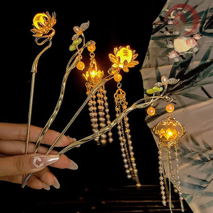 Luminous Lotus Flower Hairpin – Vintage LED Hair Stick with Lantern Tassel for Women and Traditional Hairstyles