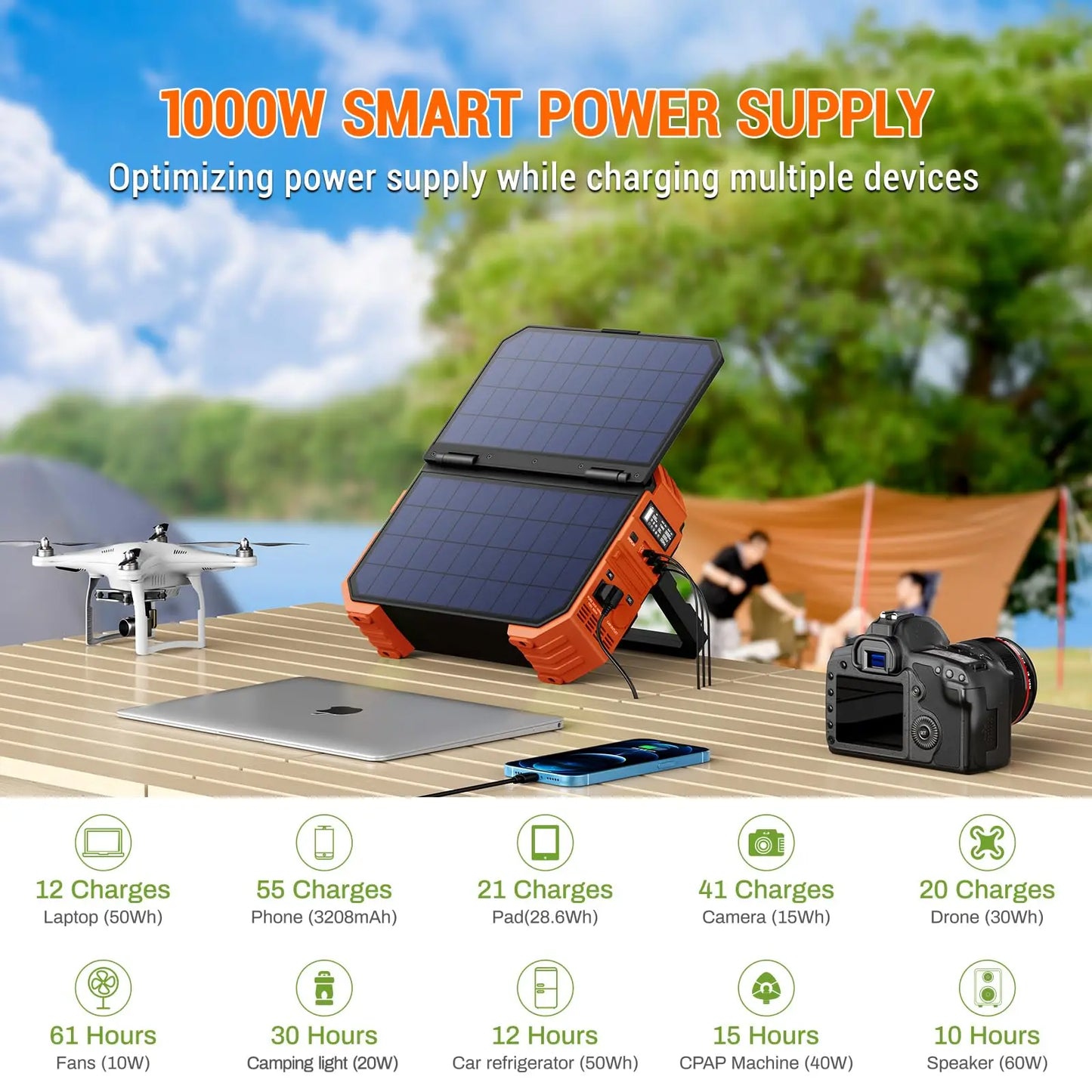 Portable 1000W Power Station with Built-in Solar Panel – 614Wh LiFePO4 Battery Pack Solar Generator with AC/DC/USB/PD