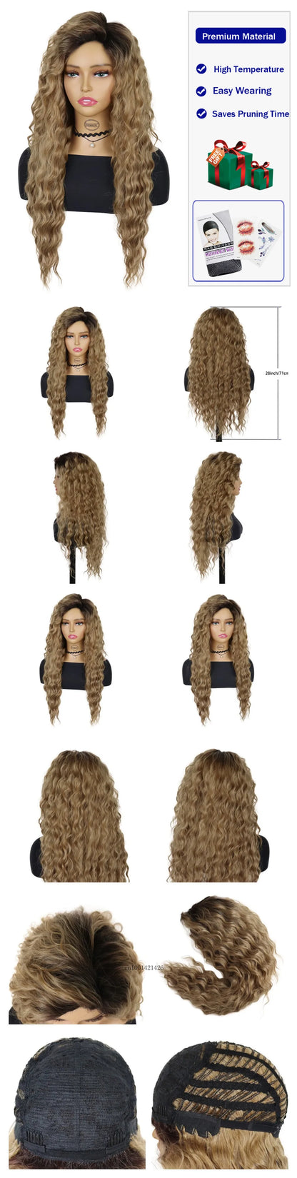 Ash Blonde Synthetic Wig – 26" Long Curly Ombre Hair, Fluffy Wave Wig for Women, Costume & Party Wig