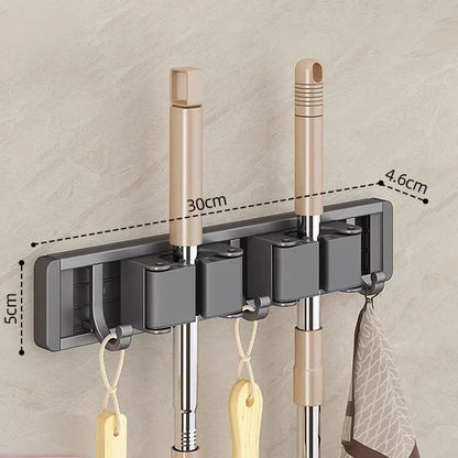 Wall-Mounted Mop & Broom Organizer — Strong Mop Holder Rack with 5 Hooks for Hanging Brooms and Cleaning Tools