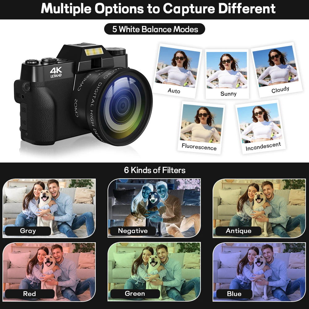 Compact 4K Digital Camera – 64MP WiFi Webcam, Retro Vlog Recorder with 3-Inch Flip Screen & Wide Angle Lens for YouTube