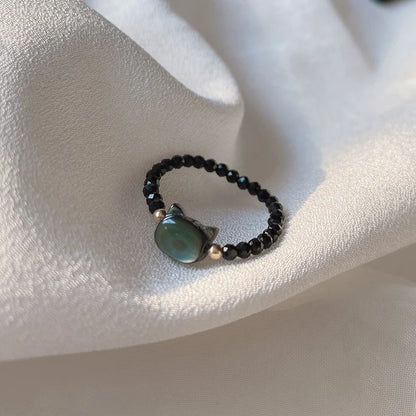 Cute Cat Beaded Rings - Handmade Black & White Stone Couple Rings for Women & Men Korean Fashion Lovers Friends Jewelry Gift