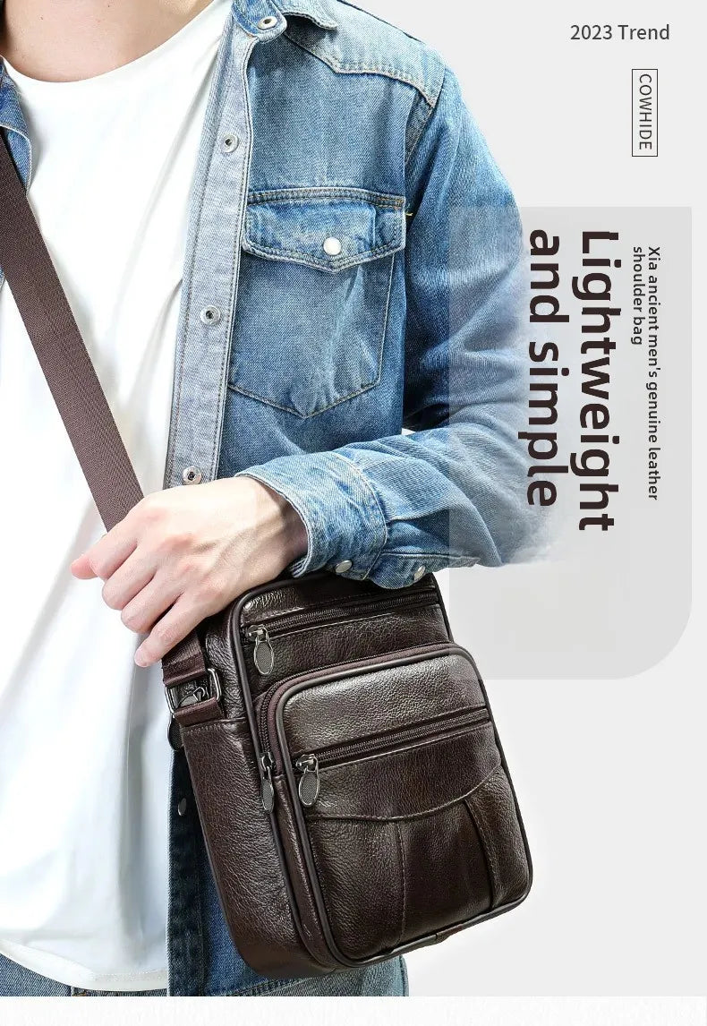 Men’s Genuine Leather Crossbody Bag – Small Outdoor Casual Bag for Motorcycle and Daily Use