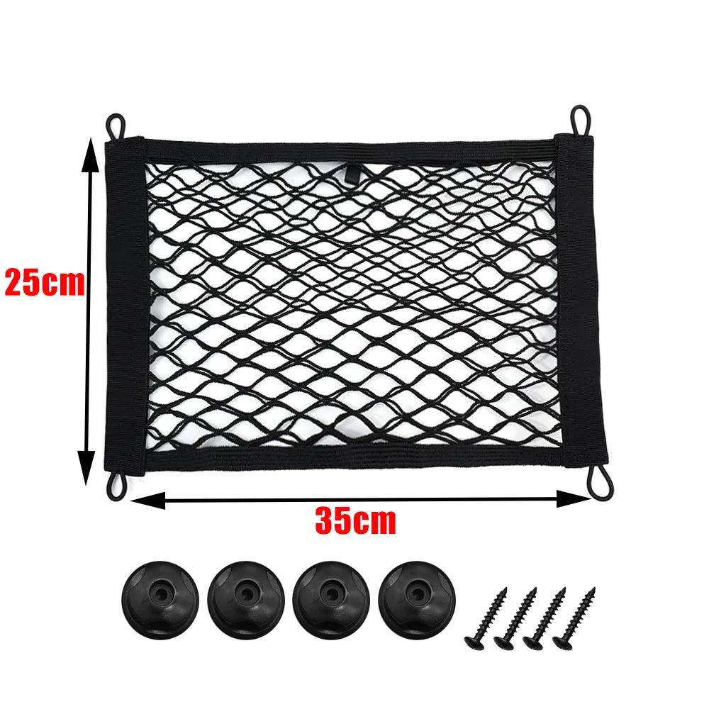 Car Storage Net Bag Organizer with Screws – Elastic Mesh Cargo Pocket Holder for Auto, Rear Trunk & Boat Storage