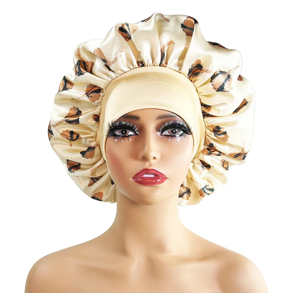 Large Satin Bonnet for Women - Flower Print Silk Sleep Cap with Elastic Band for Braids, Curly & High-Density Hair