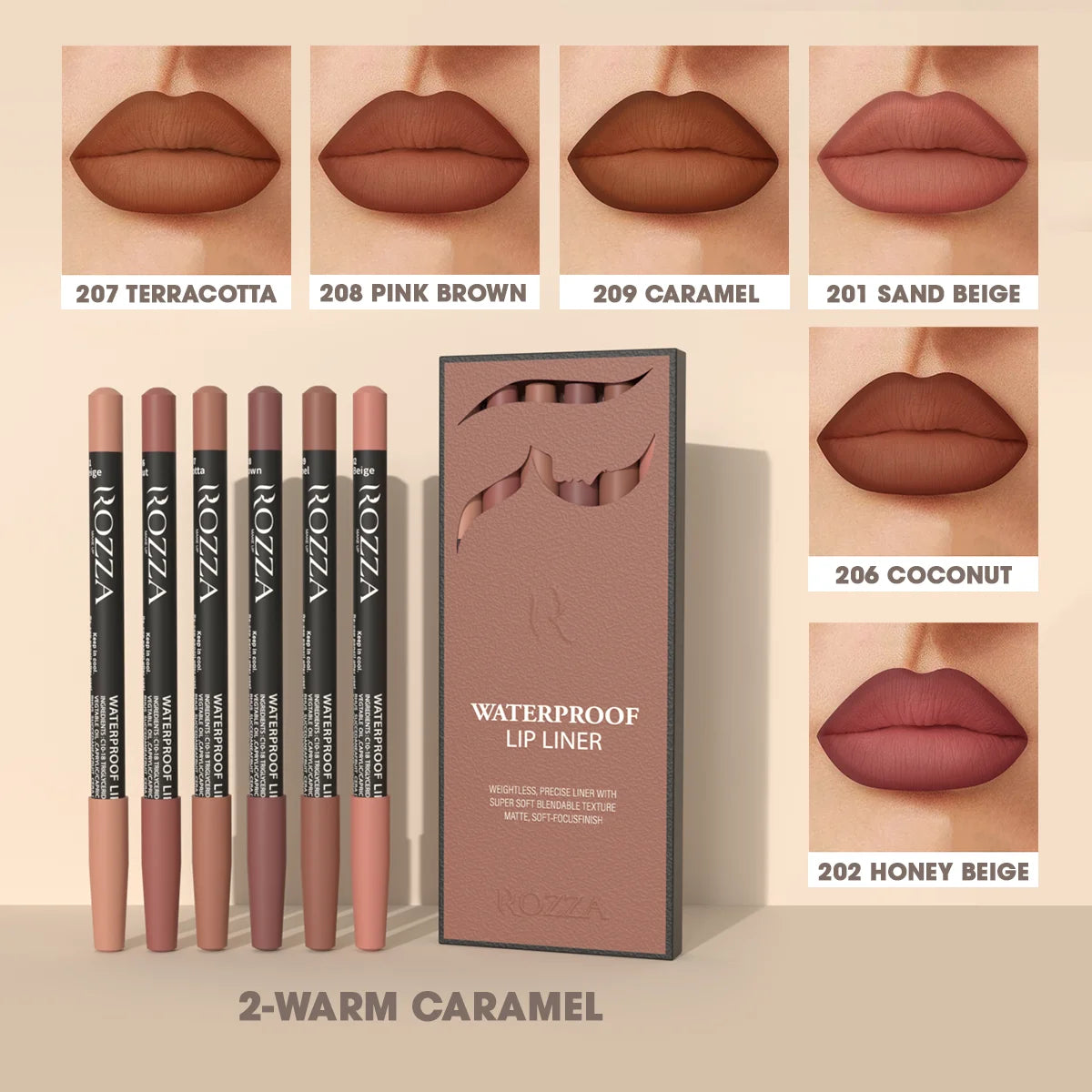 Rozza Waterproof Matte Lip Liner Pencil Set – Weightless, Precise, Super Soft & Blendable