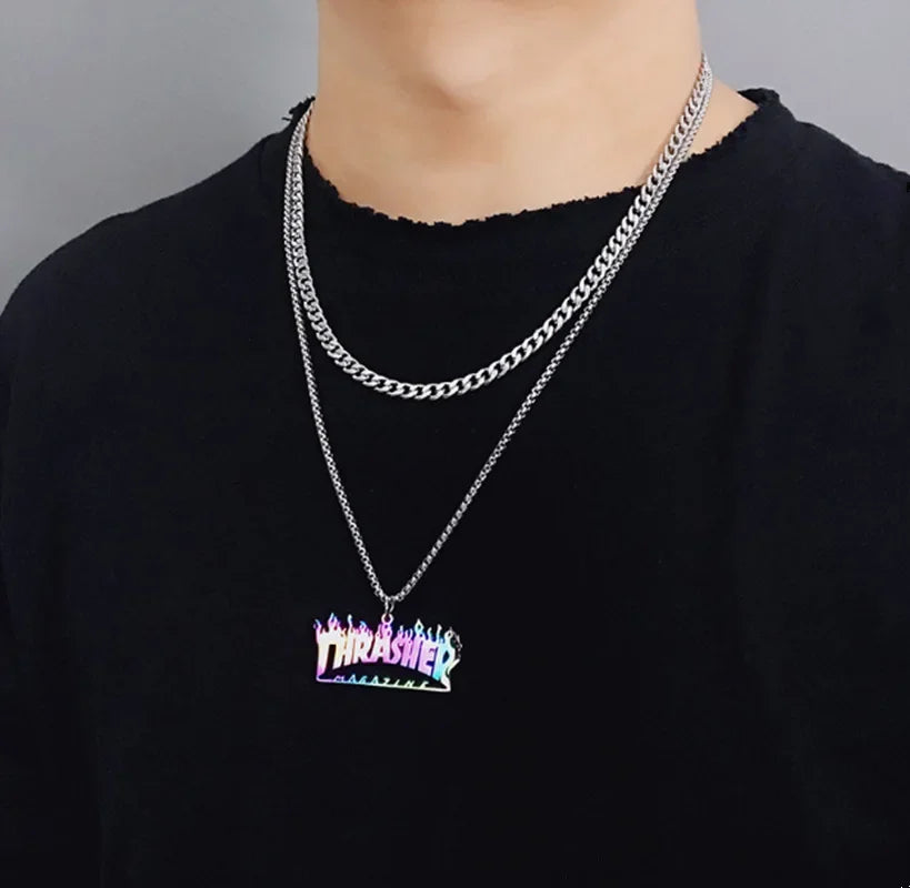 Trendy Hip-Hop Stainless Steel Letter & Flame Pendant Necklace | Street Style Rock Jewelry for Men & Women