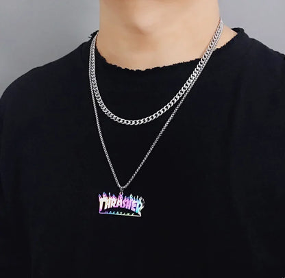Trendy Hip-Hop Stainless Steel Letter & Flame Pendant Necklace | Street Style Rock Jewelry for Men & Women