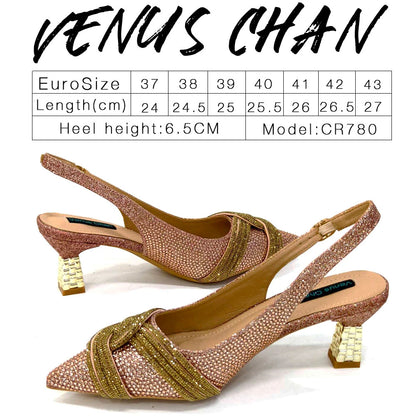 Venus Chan Women’s Champagne Shoe & Bag Set - Rhinestone Heels and Handbag for Nigerian Parties & Weddings