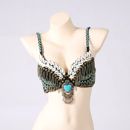 Vintage Gypsy Tribal Belly Dance Push-Up Bra – Wooden Beads Top with Turquoise Medallion