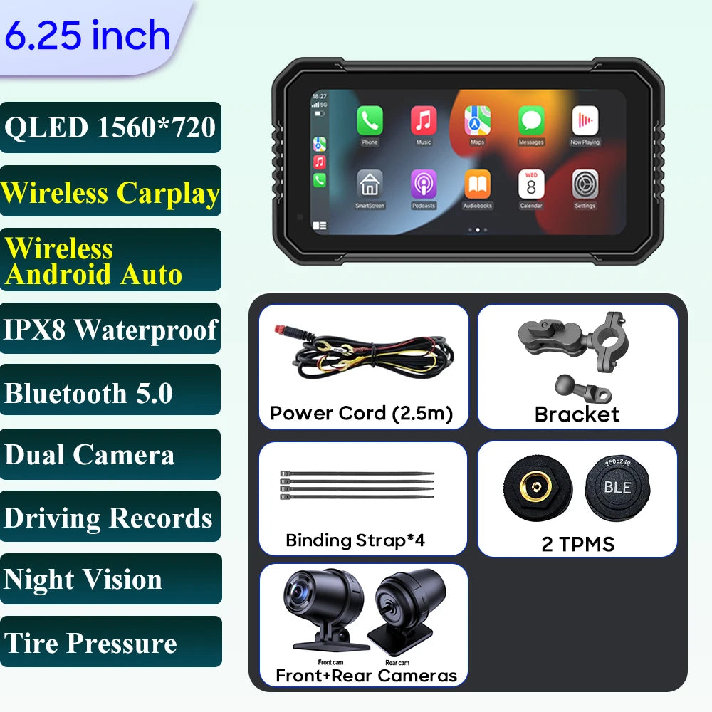 6.25-Inch Motorcycle GPS Navigation Screen with Wireless CarPlay & Android Auto – 1560x720 Resolution, Motor DVR Monitor, TPMS Optional