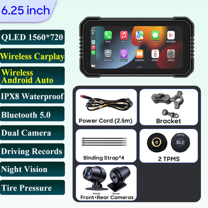6.25-Inch Motorcycle GPS Navigation Screen with Wireless CarPlay & Android Auto – 1560x720 Resolution, Motor DVR Monitor, TPMS Optional