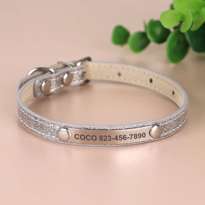 Personalized Cat Collar — Bling PU Leather Adjustable Collar with Custom ID Necklace for Cats, Kittens & Small Dogs
