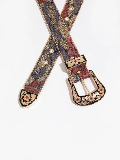 Women’s Gemstone Buckle Belt - Vintage Palace Style Floral Embroidery PU Fashion Accessory
