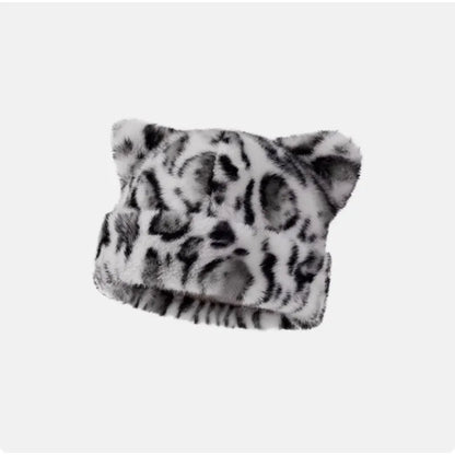 Leopard Print Plush Teddy Bear Hat – Sweet & Cute Women’s Hooded Beanie, Thick, Warm & Retro Style