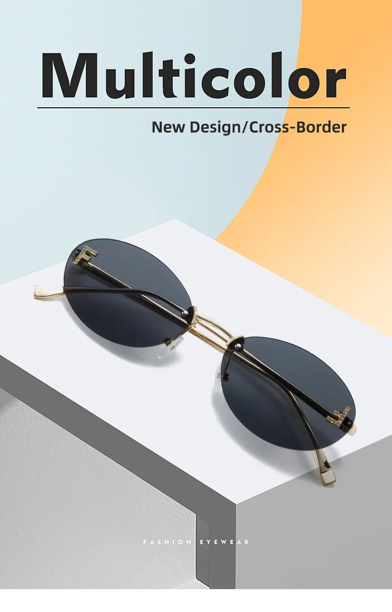 Diamond Letter "F" Rimless Sunglasses | Women’s Luxury Metal Frame Black Oval UV400 Shades