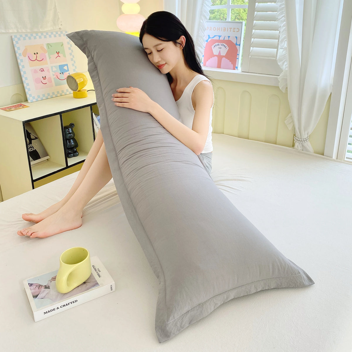 Long Pillowcase - Solid Color Washed Double Pillow Cover 48x100cm 120cm 150cm 180cm Couple Pillowcase Without Insert