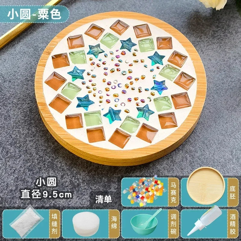 DIY Handmade Mosaic Coaster Set – Bamboo Heart & Square Cup Mats, Creative Parent-Child Educational Craft Toy Kit for Free Design Activities