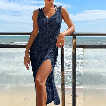Women's Summer Hollow Out Maxi Dress - Chic Solid Knit Sleeveless Beach Cover Up Vacation Fashion Robe