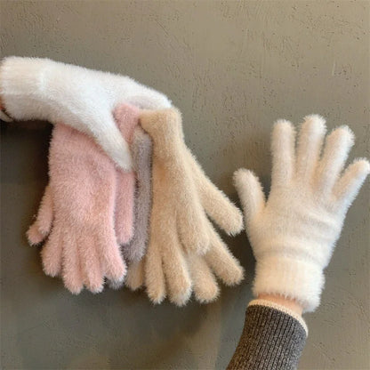 Fashion Winter Mink Velvet Gloves for Women - Plush Warm Cold-Proof Five Finger Mittens, Ideal for Outdoor Cycling in Solid Colors
