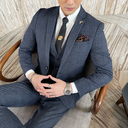 Men’s British Korean Plaid Three-Piece Suit – Stylish Business Casual Set with Blazer, Vest & Trousers