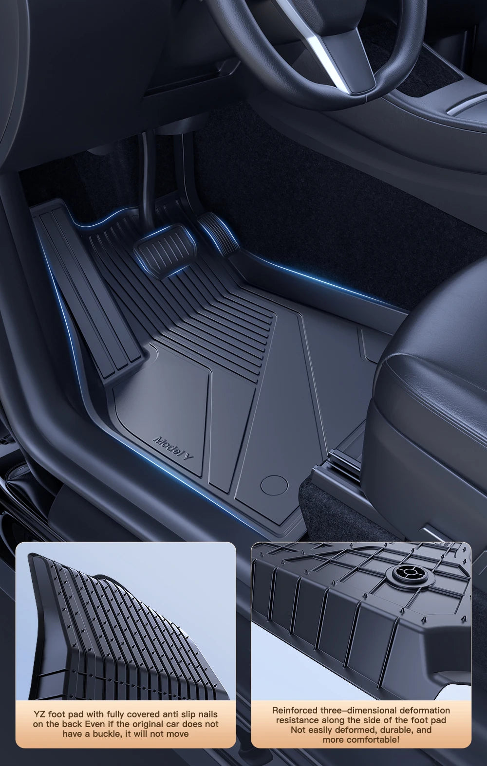 YZ Floor Mats for Tesla Model 3/Y 2021-2023 — Waterproof, Non-Slip TPE Car Accessories