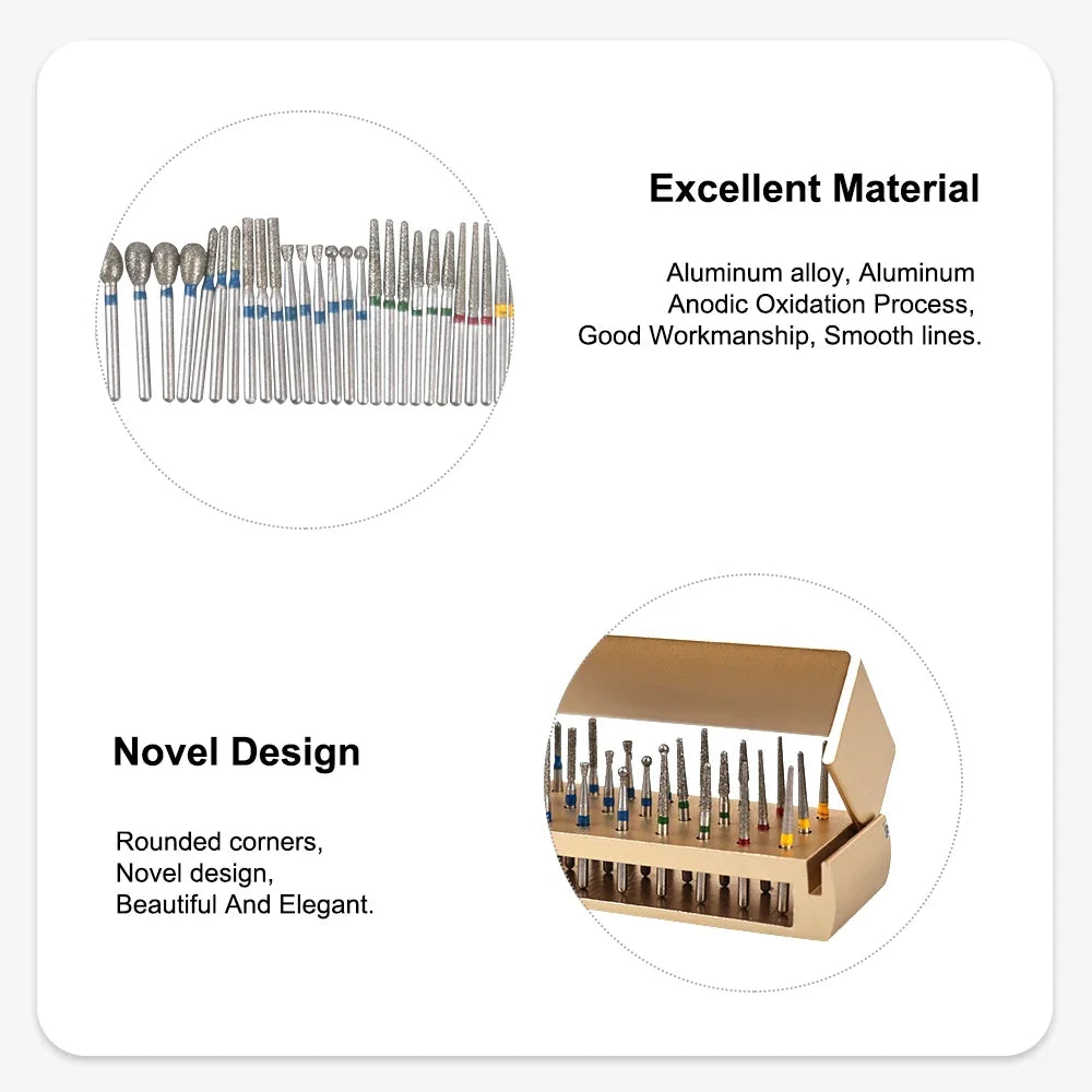 30Pcs/Set Aluminum Dental Burs Kit – Diamond Burs for High-Speed Handpiece with Holder & Burs Placement Box