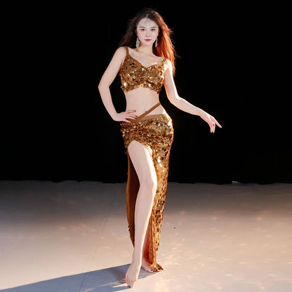 2-Piece Belly Dance Costume Set for Women – Sexy Sequin Top & Skirt Outfit for Stage Performance & Training
