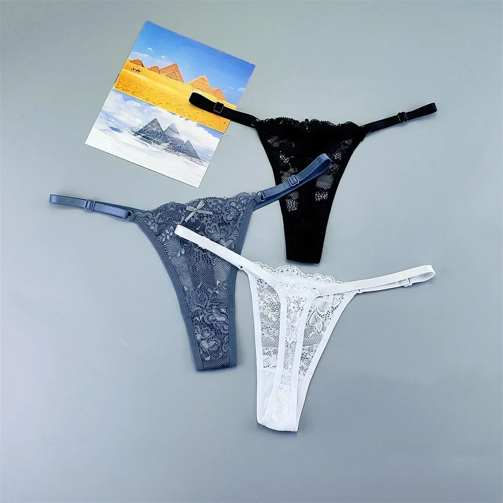 Women's Transparent Lace Thong Set - 3PCS Adjustable Low Waist Sexy T-Back Underwear