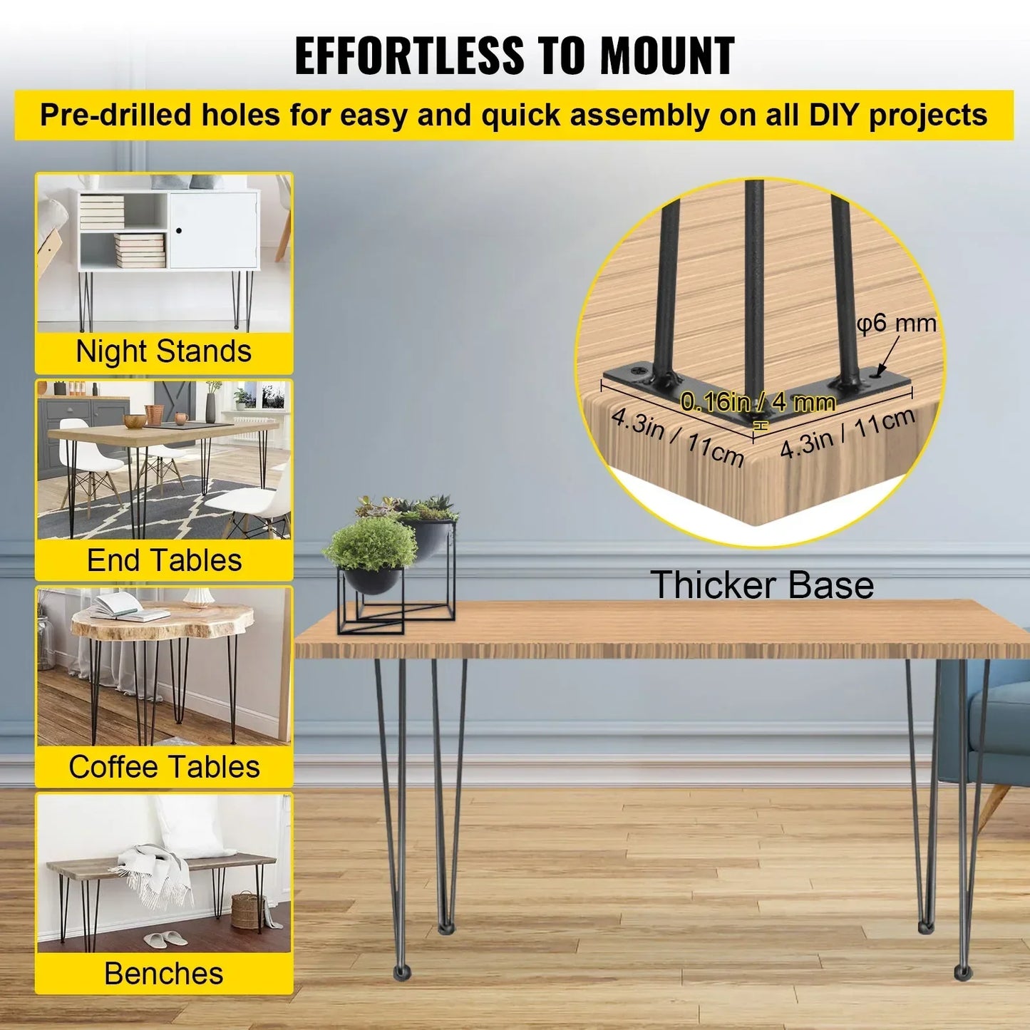 VEVOR 4Pcs Metal Hairpin Table Legs – 16-40 Inch, 3-Rod Design for DIY Furniture, Bench, Dining, Coffee Table