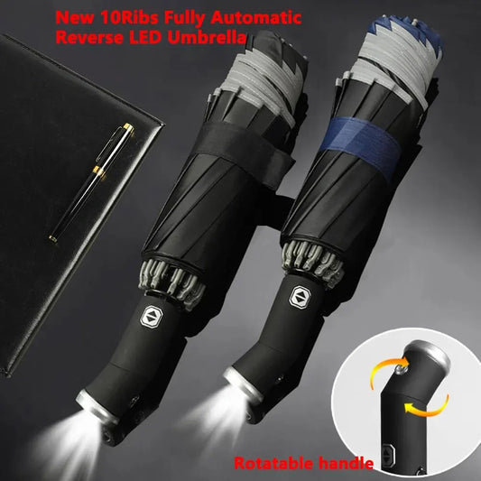 Fully Automatic Sun Protection Umbrella with LED Flashlight - Folding Waterproof UV Sunshade, Rainproof, Wind-Resistant Umbrella