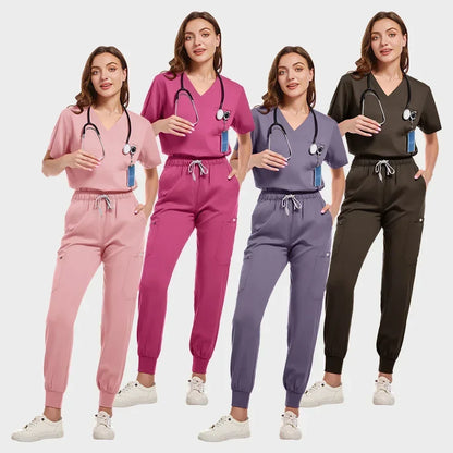 Multicolor Jogger Suit Nurse Scrubs Set - Medical Clinical Clothes with Short Sleeve V-Neck Tops and Pocket Pants, Doctor Nursing Uniforms
