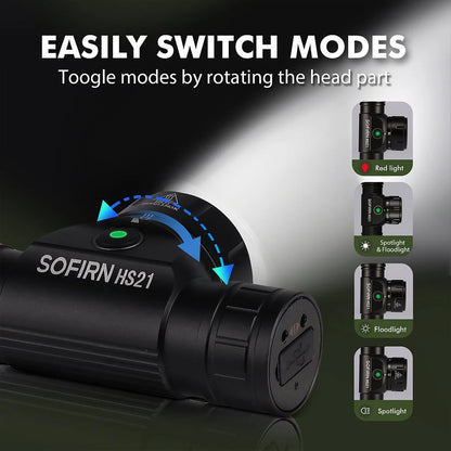 Sofirn HS21 2000LM EDC Headlamp – USB-C Rechargeable 18650 Flashlight with Infrared Switch, Powerful SFT40 Headlight