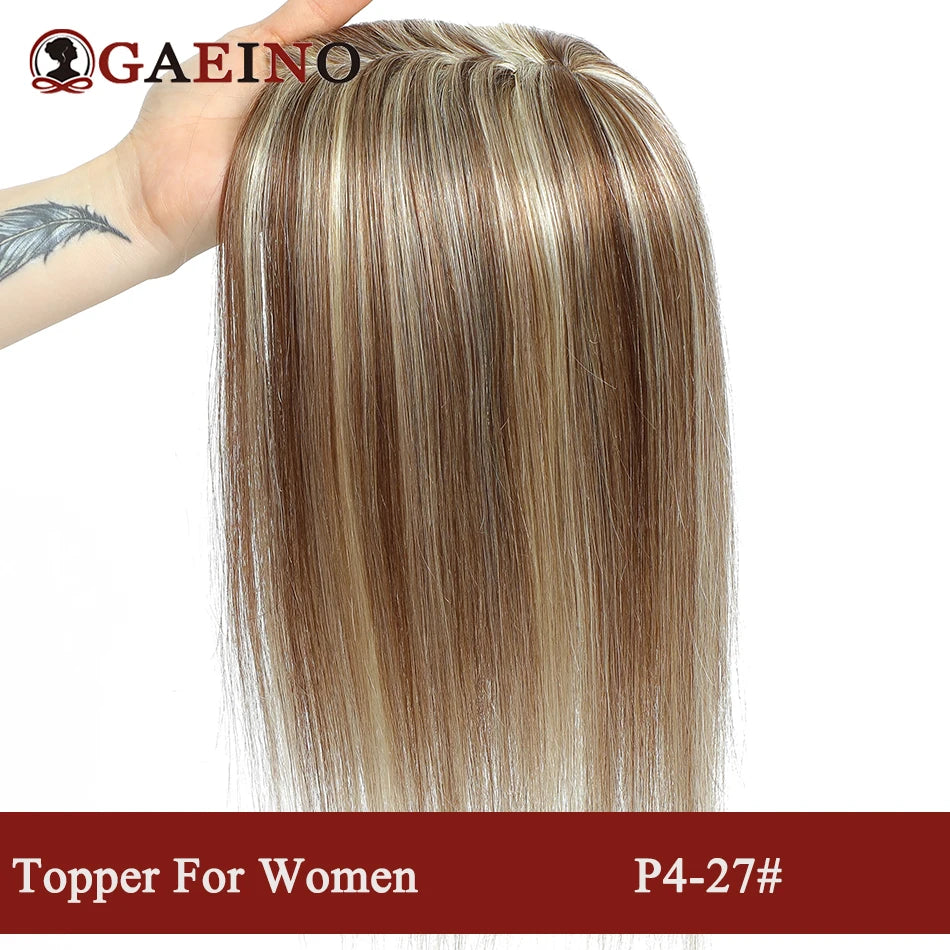Straight Human Hair Topper With Bangs - Silk Base Clip In Real Hair Extension For Women Chocolate Brown Light Brown