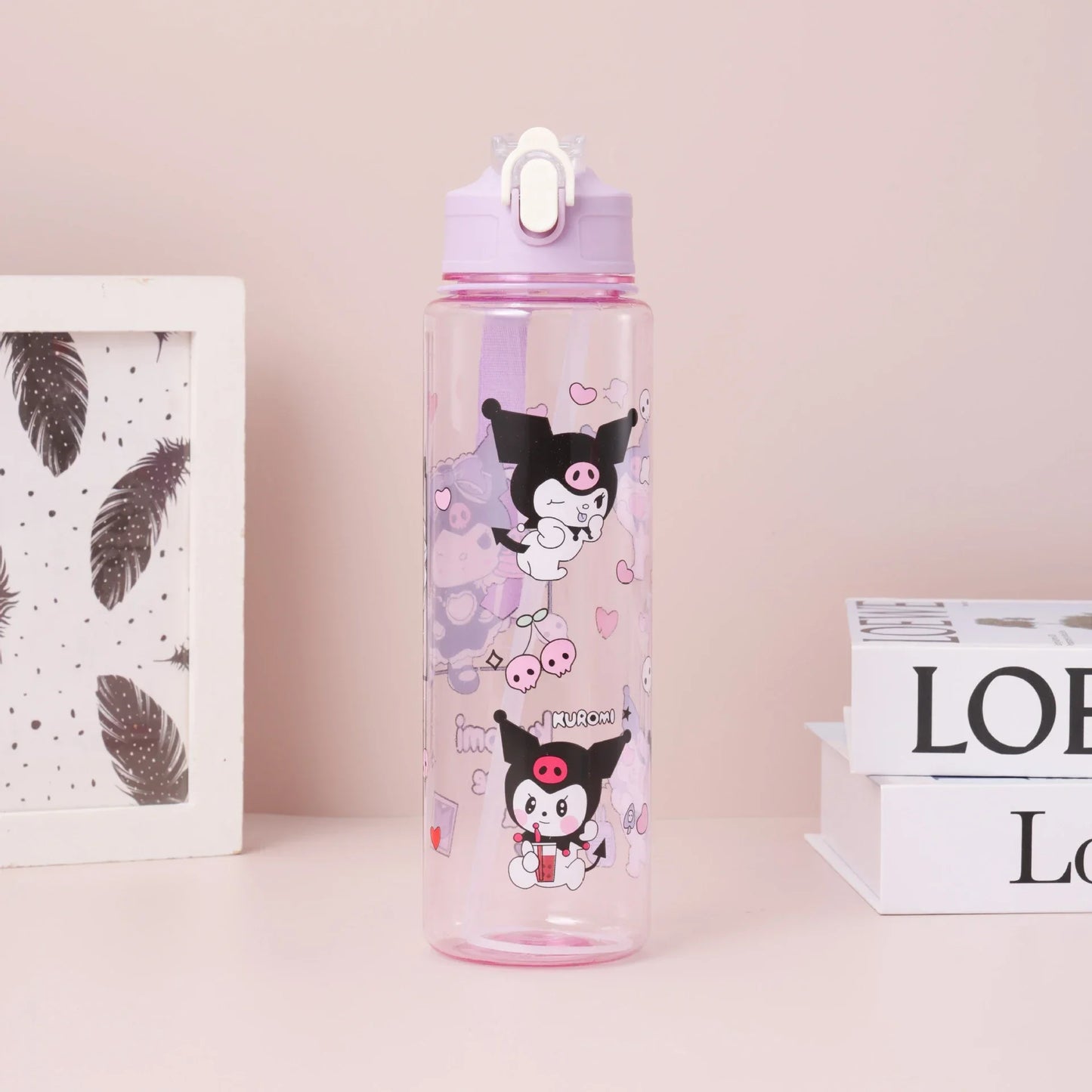 Kuromi Water Cup with Straw — Large Capacity Cute Cartoon Print Bottle, Unique Aesthetic Design for Office, Home, or Gift